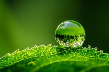 Leinwandbilder - Close up of a water droplet resting on a vibrant green leaf showcasing nature's beauty and detail : Generative AI