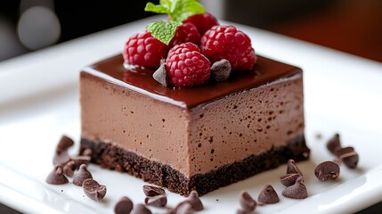 Aufkleber - Chocolate mousse dessert with raspberries and chocolate shavings served elegantly on a plate : Generative AI