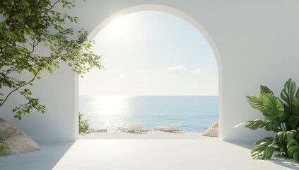 Poster - Gorgeous sunlight streaming through a white archway opening onto a scenic ocean view and pristine loungers : Generative AI