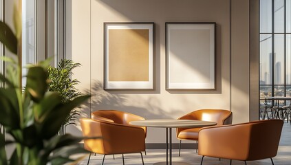 Aufkleber - Minimalist seating area featuring warm tones, abstract art and ample natural light for a serene ambiance : Generative AI