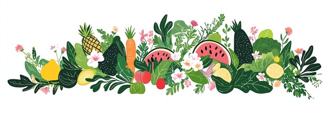 Aufkleber - Vibrant illustration of assorted fruits and vegetables with greenery perfect for healthy lifestyle promotion : Generative AI