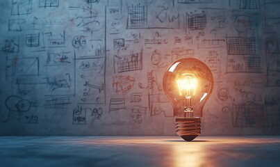 Fototapete - Radiating Light Bulb Positioned in Front of Concrete Wall with Sketched Ideas : Generative AI
