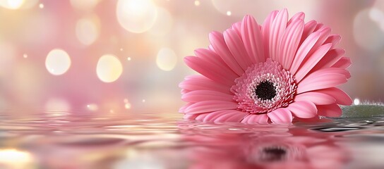 Poster - Charming pink gerbera daisy displayed on the surface of clear water surrounded by soft shimmering lights creating a peaceful atmosphere : Generative AI