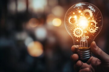 Poster - Stunning light bulb design with intricate gears and glowing features representing ideas and inspiration : Generative AI