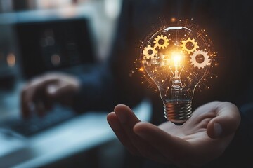 Fototapete - Revealing innovation concept with glowing light bulb held in hand showcasing creativity in a detailed office environment : Generative AI