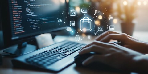 Aufkleber - Cybersecurity focus with a computer showing encrypted data and online security symbols on screen : Generative AI