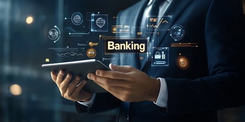 Aufkleber - Professional Banking Technology Concepts with Modern Tablet and Digital Interface in a Business Environment : Generative AI