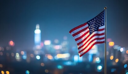 Poster - American flag waving against a vibrant urban skyline at night showcasing bright city lights : Generative AI