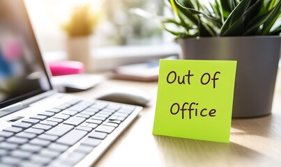 Aufkleber - Creative Out of Office Sticky Note in a Well-Organized Workspace with Laptop and Indoor Plants : Generative AI