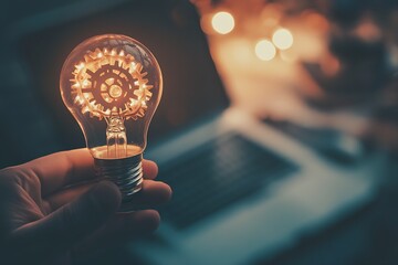 Poster - Elegant light bulb with glowing gears portraying creative energy in a modern setting : Generative AI