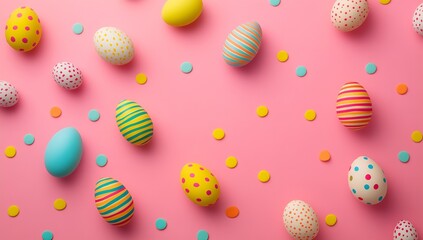 Poster - Brightly colored Easter eggs in varied styles placed artistically on a playful pink backdrop for seasonal festivities : Generative AI