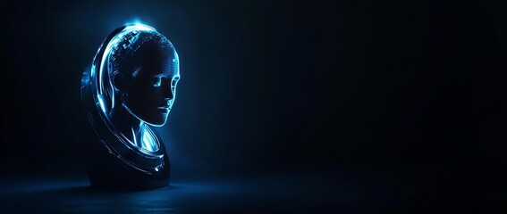 Leinwandbilder - Futuristic close up of a glowing blue artificial intelligence head with circuits in the dark : Generative AI