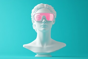 Poster - Crisp white sculpture wearing trendy pink sunglasses with a striking turquoise backdrop : Generative AI