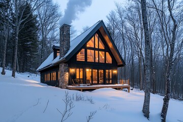 Poster - Elegant Cabin Nestled in Snowy Woods with Glowing Windows Reflecting Winter Charm : Generative AI