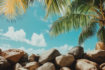Poster - Palm trees swaying gently beneath a bright sky with clouds and rocks at the beach shore : Generative AI