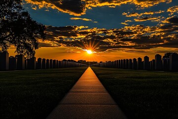 Poster - Poignant Sunset Over a Cemetery with Bright Sun Rays Illuminating the Pathway : Generative AI