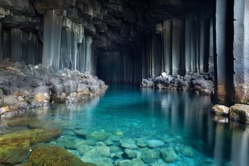 Poster - Breathtaking underground cave with crystal clear water and stunning stone formations : Generative AI