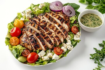Poster - Grilled chicken on a bed of fresh greens with assorted colorful vegetables and creamy dressing : Generative AI