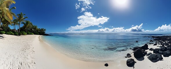 Poster - Breathtaking beach panorama showcasing turquoise waters and smooth shoreline under a radiant blue sky : Generative AI