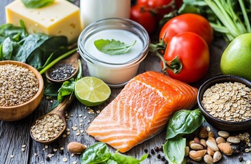 Poster - Colorful fresh ingredients for a healthy meal including salmon, vegetables, and dairy on rustic wood : Generative AI