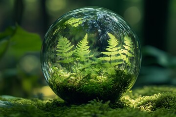 Poster - Lush Green Ferns Inside a Transparent Crystal Sphere Surrounded by Soft Moss : Generative AI