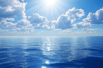 Poster - Radiant ocean scene with bright sun and fluffy clouds showcasing the vibrant beauty of nature and tranquility : Generative AI