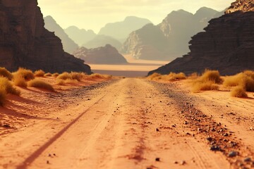 Poster - Majestic View of Desert Roadway Surrounded by Stunning Mountainous Landscape : Generative AI