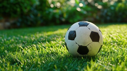 Wall Mural - Soccer ball on green grass in sunlight.