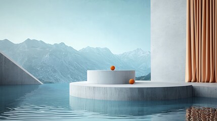 Poster - Modern minimalist display platform with orange orbs, overlooking mountain range, tranquil water setting