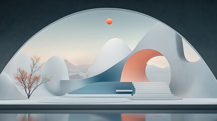 Aufkleber - Modern minimalist interior design showcasing a serene, abstract mountain landscape