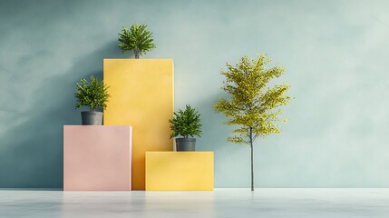 Poster - Modern minimalist interior design with potted plants on tiered, pastel colored platforms