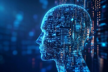 Leinwandbilder - Cybernetic human head silhouette merged with vibrant data and coding patterns : Generative AI