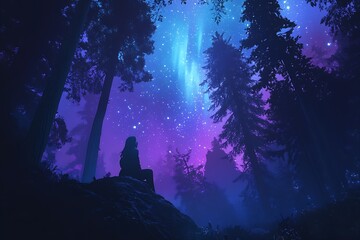 Aufkleber - Silhouetted Figure Gazing at Beautiful Northern Lights in Mystical Forest Landscape : Generative AI
