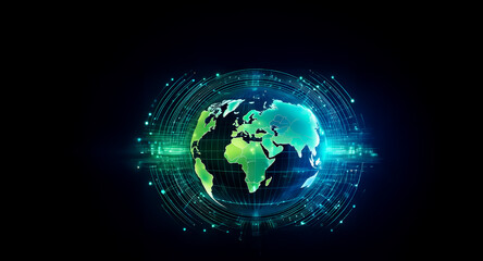 Poster - A glowing digital globe is centrally positioned against a dark background, surrounded by circular lines.  Green and blue light emanates from the planet suggesting connectivity and technological networ