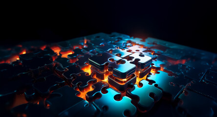 Wall Mural - Glowing puzzle with illuminated edges on a dark surface.  Some pieces are disconnected, creating a sense of mystery and incompleteness.