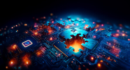 Poster - Circuit board with a missing jigsaw piece glows with warm light, suggesting technology, connection, and problem-solving in a digital world.