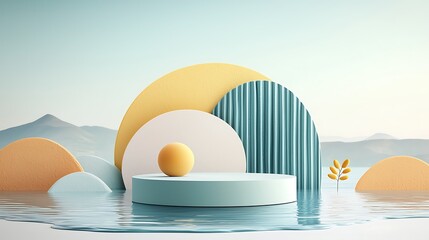 Poster - Pastel geometric podium display, serene landscape backdrop