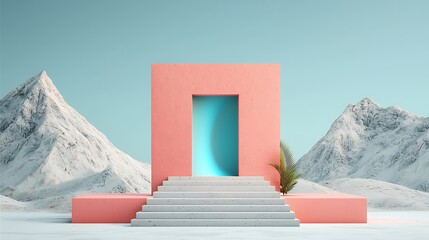Poster - Pink square pedestal with steps leading to a glowing blue door, against a snowy mountain backdrop