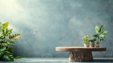Poster - Rustic wooden pedestal with plants, natural light, and a gray textured wall