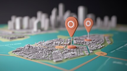 Fototapete - 3D City Map GPS Navigation  Location Pins  Urban Planning