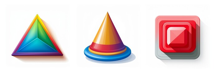 Aufkleber - Three geometric shapes are displayed: a colorful triangle with rainbow hues, a cone with orange, red, and blue layers, and a red square with a glossy, 3D effect.