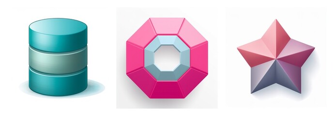 Aufkleber - Three geometric shapes are showcased: a blue cylinder, a pink octagon, and a purple star, all rendered with subtle gradients on a white backdrop.