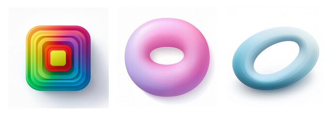 Aufkleber - Three dimensional shapes, including stacked colorful squares and two torus figures in pink and blue hues, are displayed against a white backdrop.
