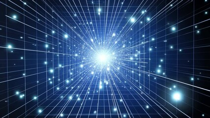 Poster - Dynamic Digital Illustration of Glowing Grid Tunnel with Bright Lights and Vanishing Point, Evoking Futuristic Technology and Endless Possibilities in Radiant Light Burst Emanating from Center
