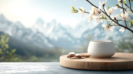 Poster - Tranquil mountain scene with teacup and blossoms