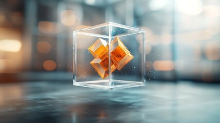 Poster - Transparent cube with golden geometric shapes inside, modern abstract design