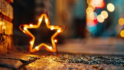 Poster - Glowing Star Shaped Light Decorates Wet Cobblestone Street Creating Warm Festive Atmosphere with Blurred City Lights in Background Evoking Holiday Cheer and Urban Charm