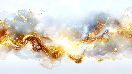 Poster - Abstract Golden Wave Flowing Through Soft Clouds in a Beautiful Light Background
