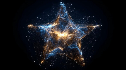 Poster - Abstract Star Shaped Light Design in Blue and Gold With Sparkling Particles in Space Background