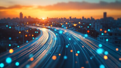 Poster - Dynamic transportation scene at sunset featuring illuminated trails and glowing particles along a busy roadway : Generative AI